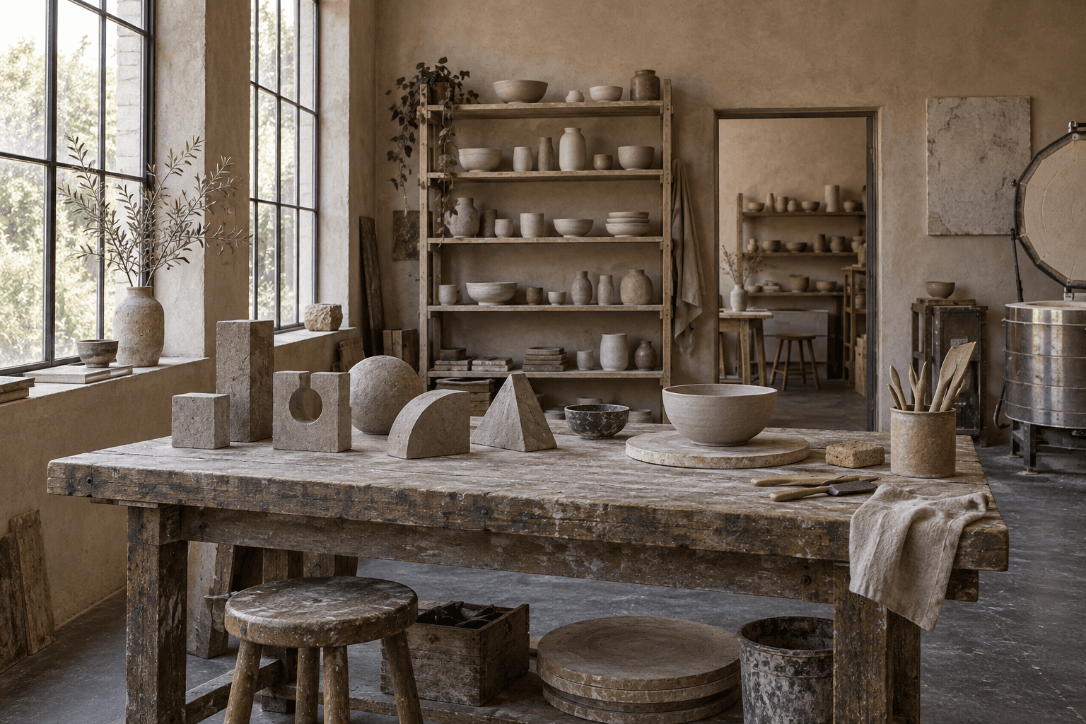 Generated ceramics atelier with work surfaces and clay studies