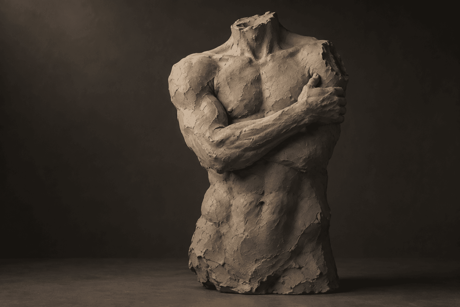 Generated concept of a textured clay torso with folded arms