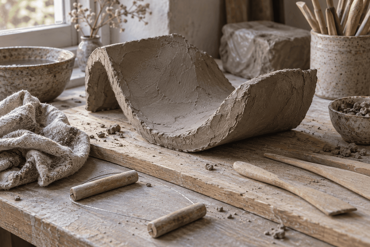 Generated study of clay, tools and a cloth on a workbench