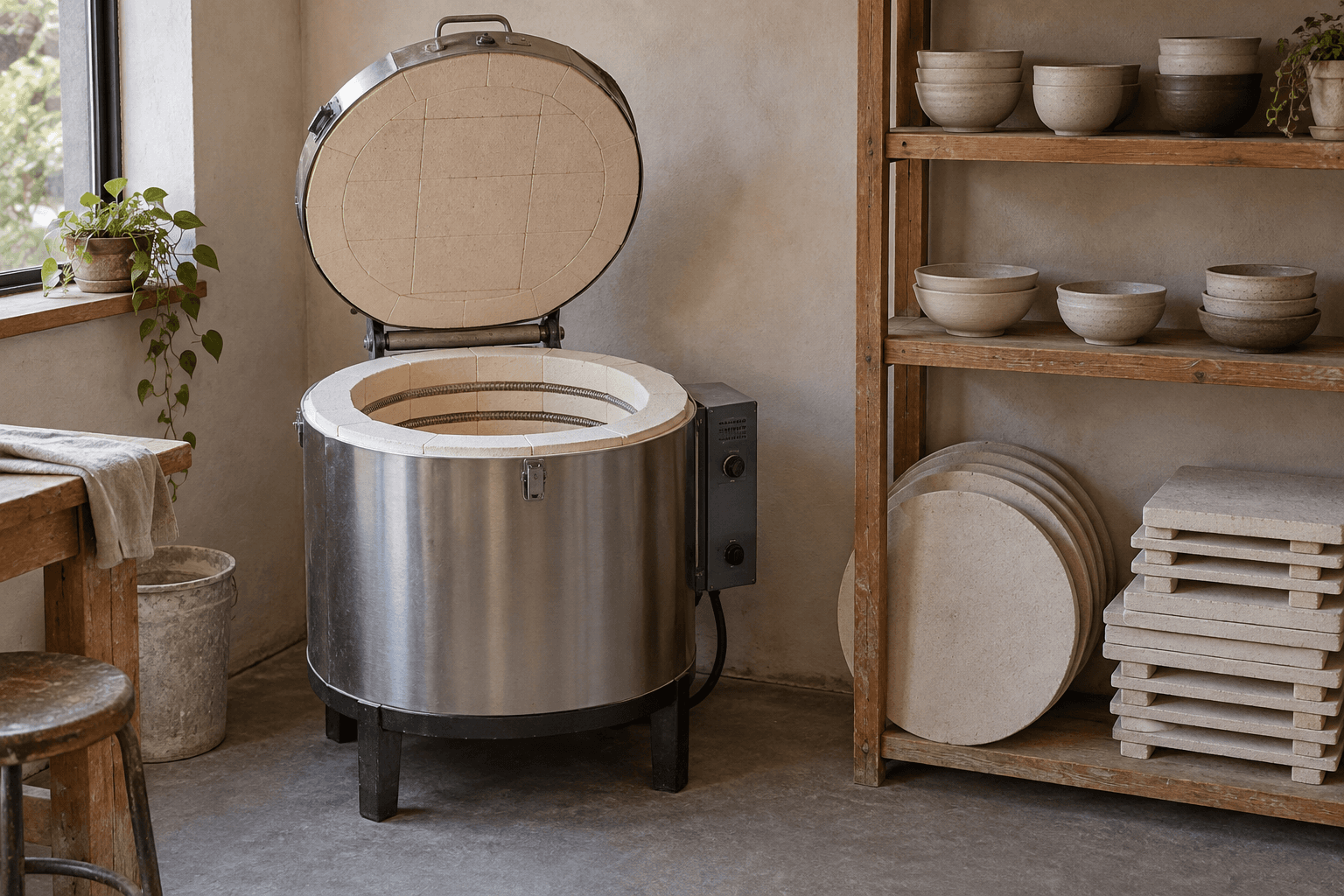 AI-generated fictional ceramics studio with an open, inactive pottery kiln